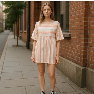 Free People Dress Womens S/P Striped Raw Hem Summer‎ Nights Mini Babydoll New